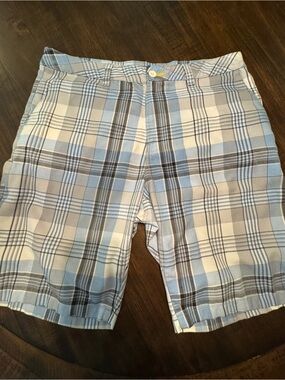 Rusty Light Blue & White Plaid Flat Front Shorts